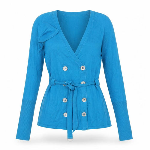 Karen Millen Women's Blue V-Neck Belted Cardigan Size 10