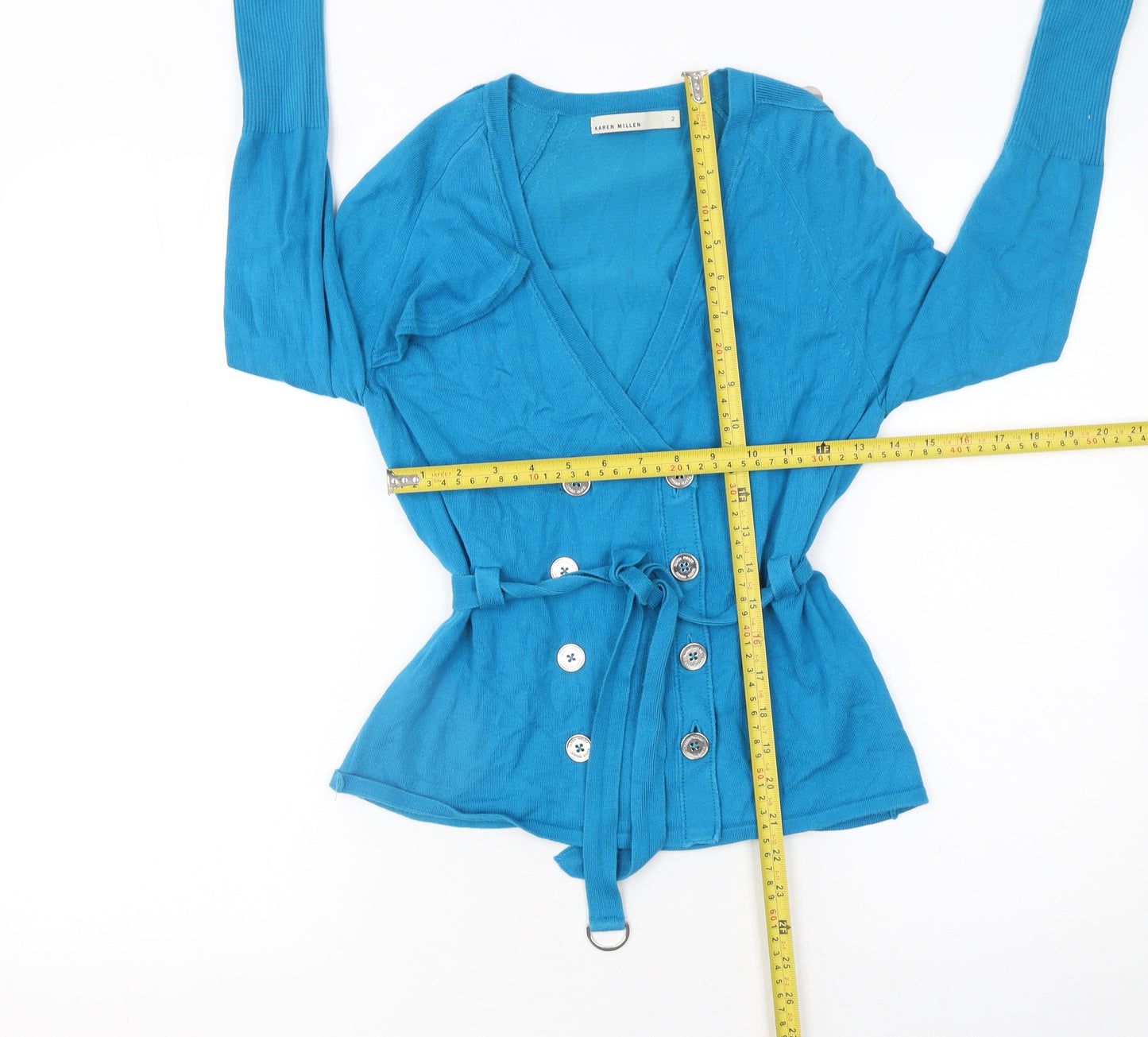 Karen Millen Women's Blue V-Neck Belted Cardigan Size 10