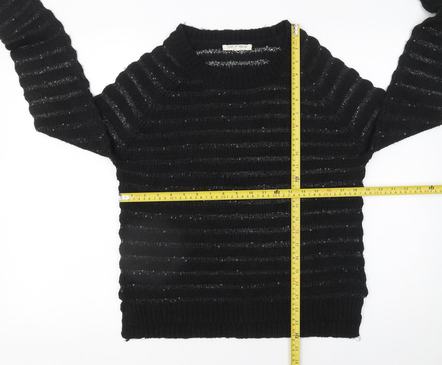 Love Knitwear Women's Black Sequin Striped Jumper Size 12