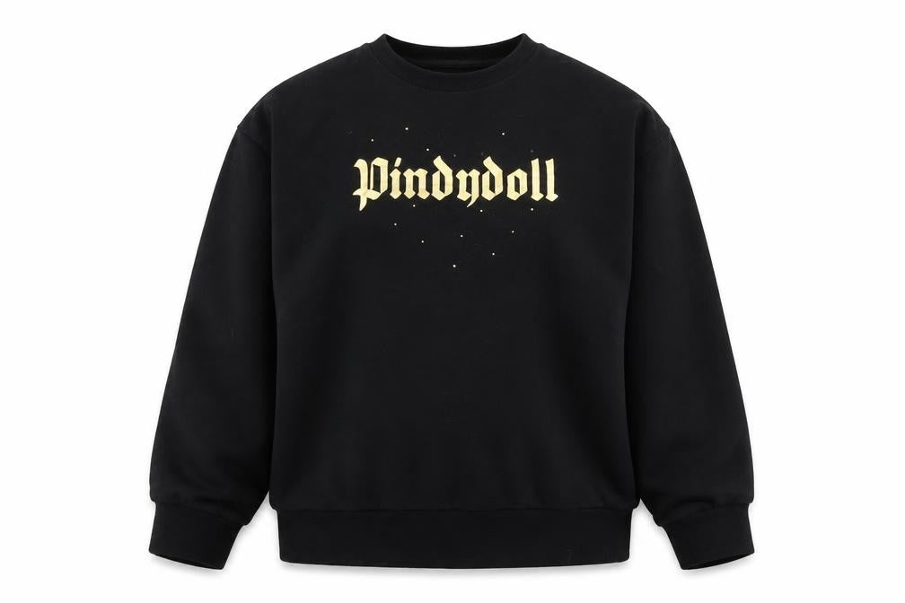 Front view of Pindydoll girls’ black logo pullover sweatshirt 10-11 years