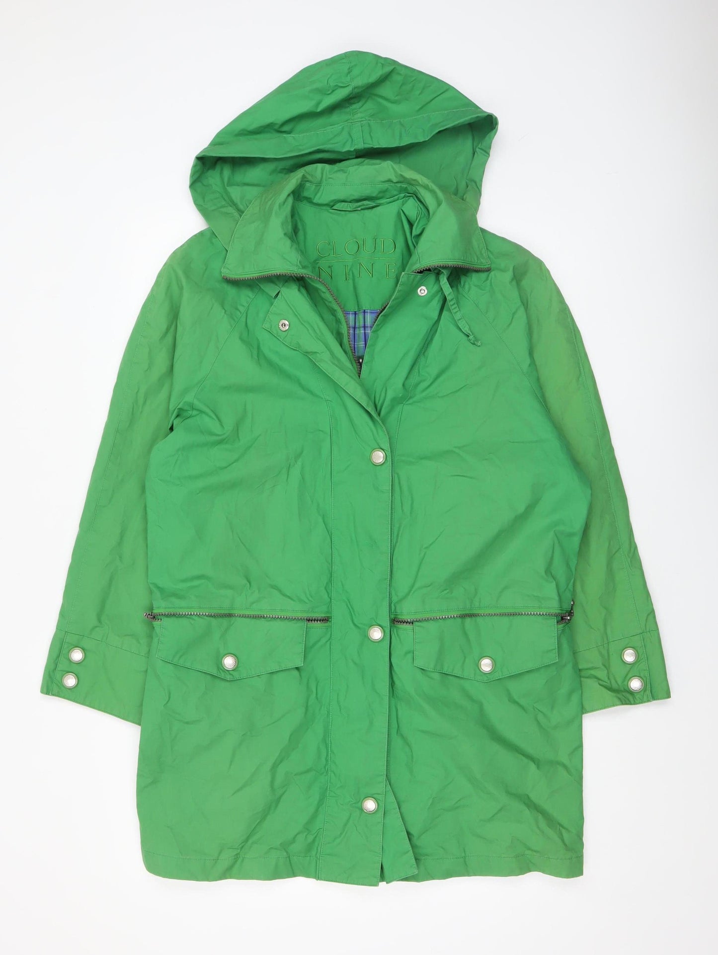 Cloud Nine Women's Green Hooded Rain Coat Jacket Size S Mid-Length