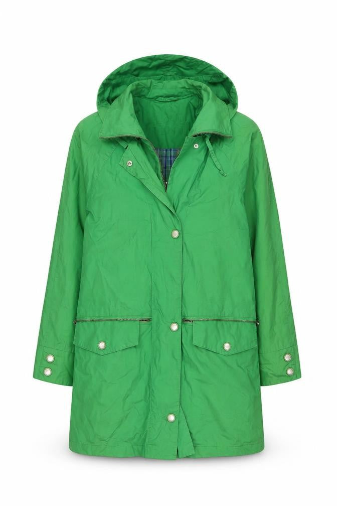Front view of Cloud Nine Women's Green Hooded Rain Coat Jacket, size S, Mid-Length