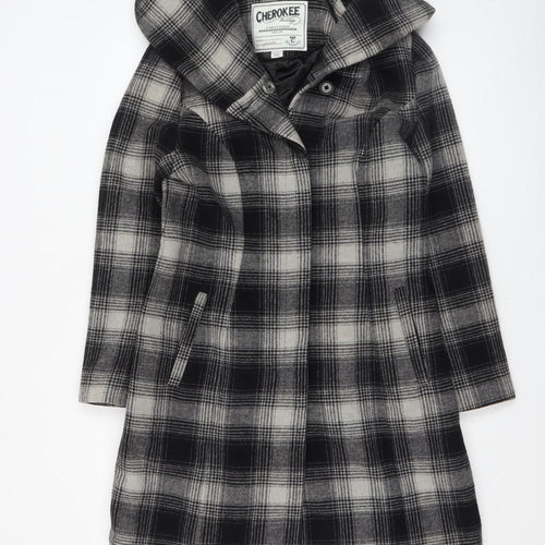 Cherokee Womens Grey Check Wool Blend Hooded Mid-Length Coat Size 12