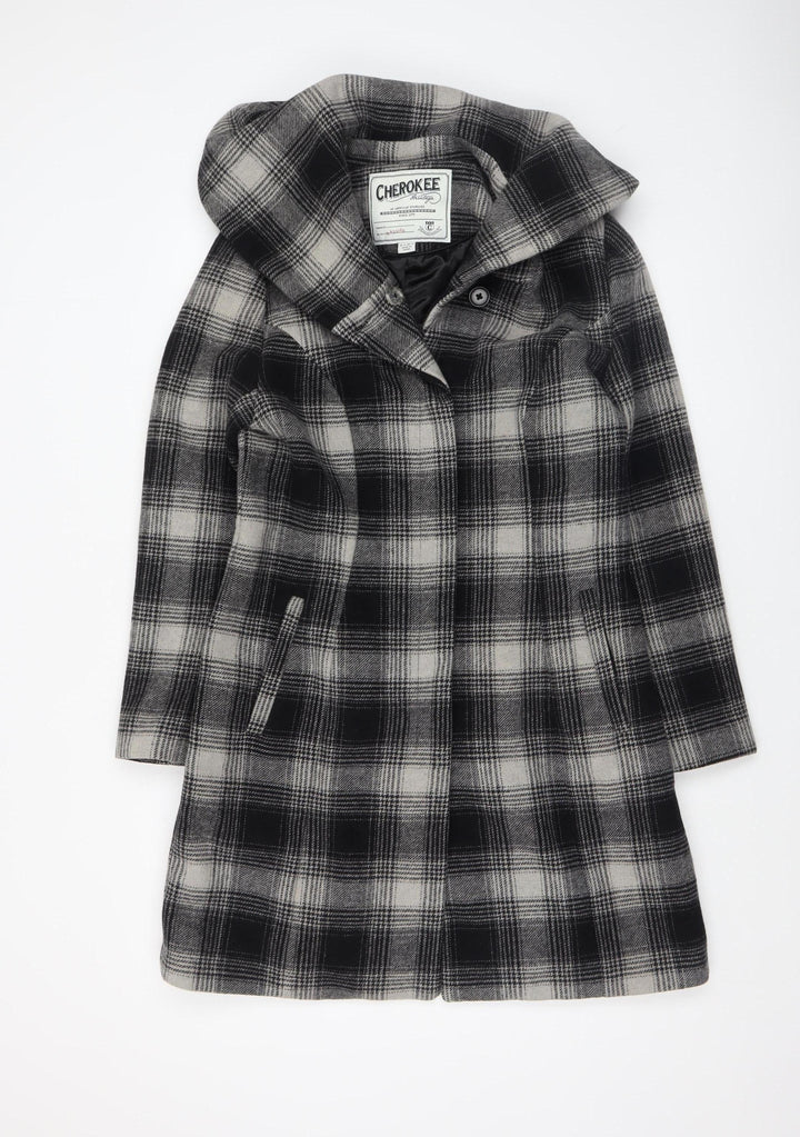 Cherokee Womens Grey Check Wool Blend Hooded Mid-Length Coat Size 12