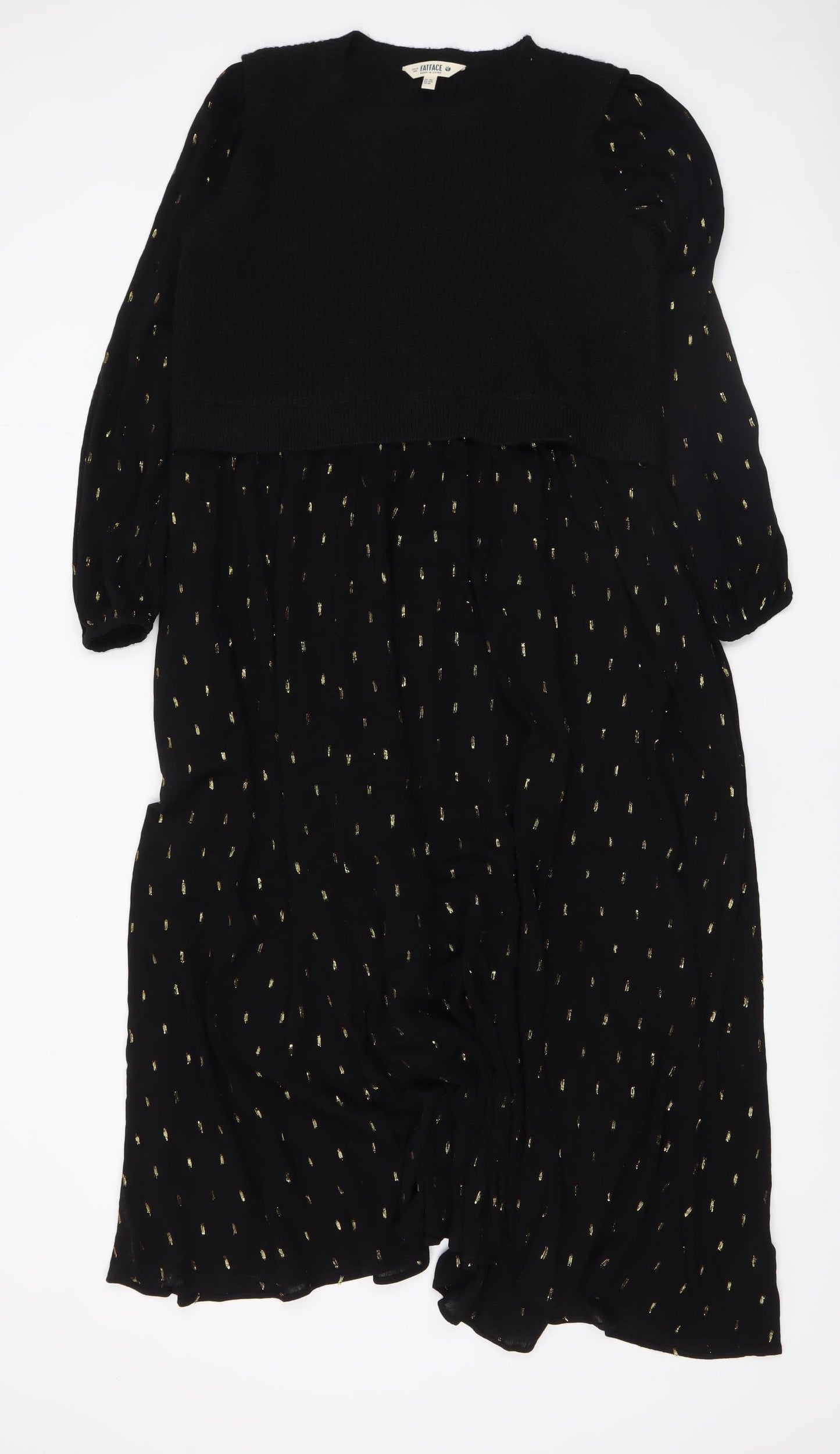 FatFace Womens Black Midi A-Line Dress Size 12R Gold Detail