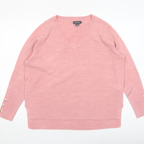 Primark Womens Pink V-Neck Pullover Jumper Size M 12-14 Button Sleeve Knit