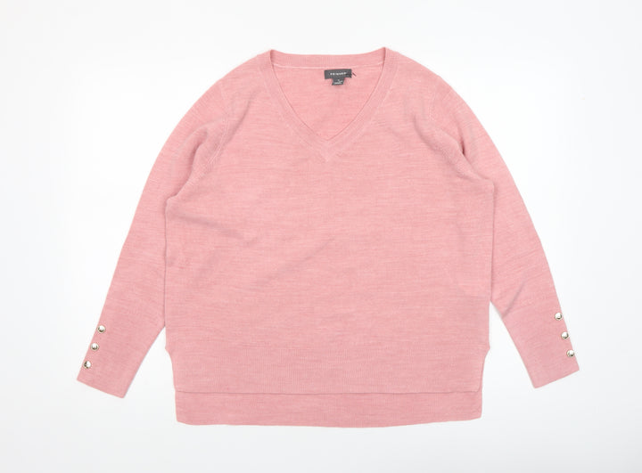 Primark Womens Pink V-Neck Pullover Jumper Size M 12-14 Button Sleeve Knit