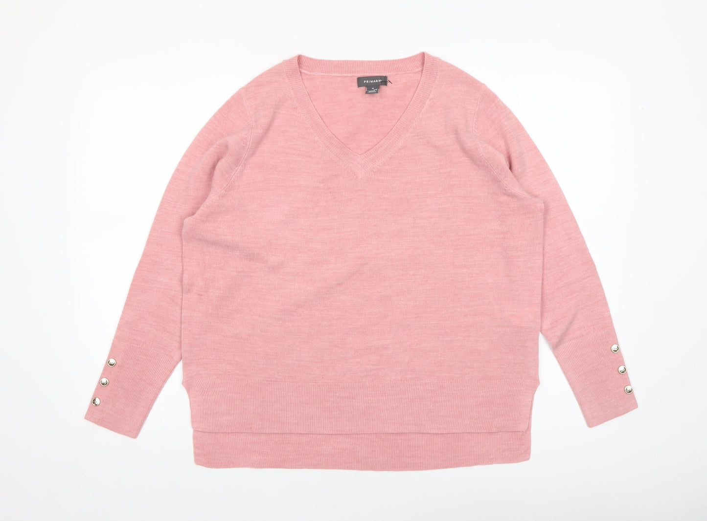 Primark Womens Pink V-Neck Pullover Jumper Size M 12-14 Button Sleeve Knit