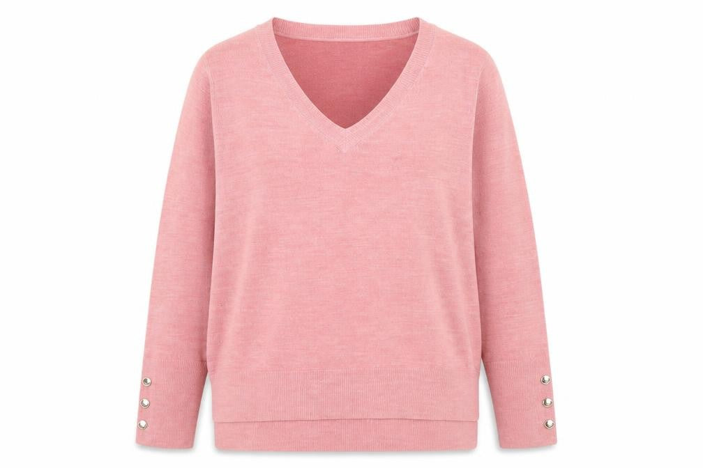 Front view of Primark women’s pink v-neck jumper, size M, 12-14 button sleeve knit