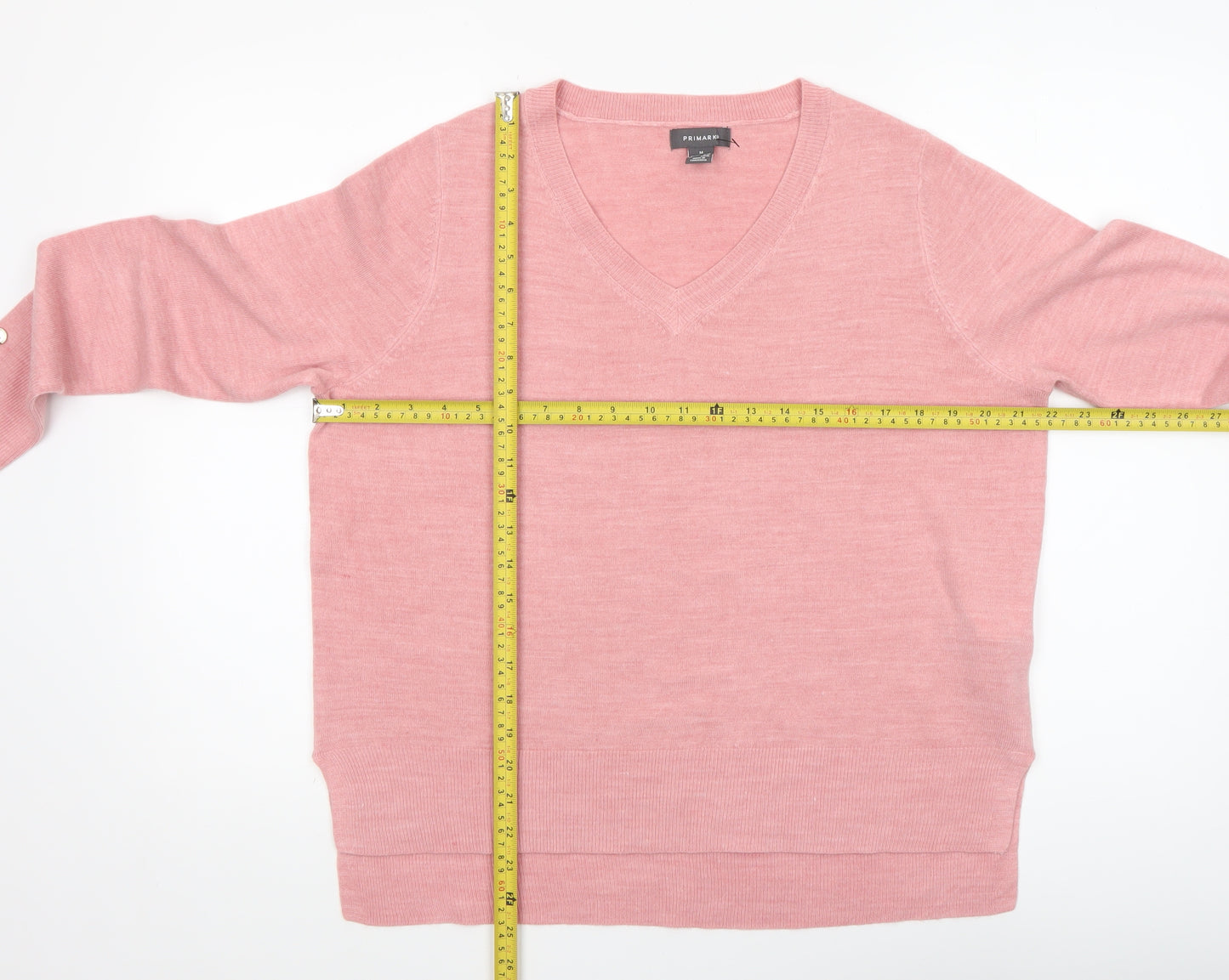 Primark Womens Pink V-Neck Pullover Jumper Size M 12-14 Button Sleeve Knit