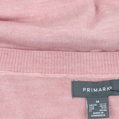 Primark Womens Pink V-Neck Pullover Jumper Size M 12-14 Button Sleeve Knit
