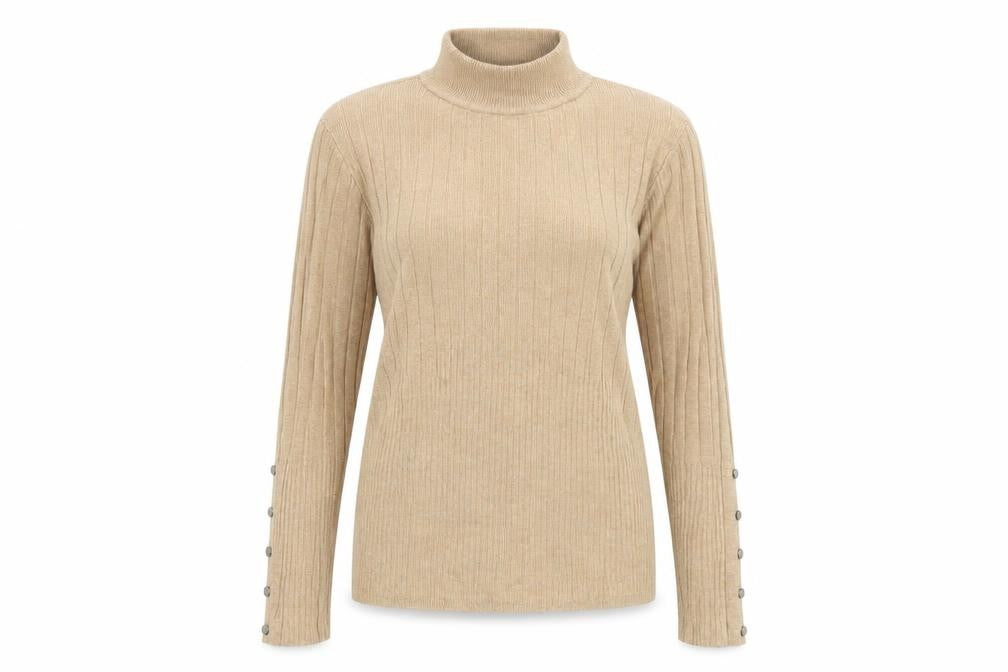 Front view of Marks & Spencer women’s beige mock neck ribbed jumper, size UK 10