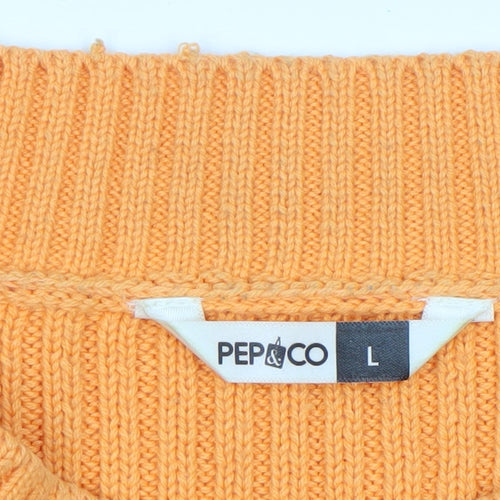 PEP&CO Women Orange Ribbed Knit Crew Neck Pullover Jumper Size L