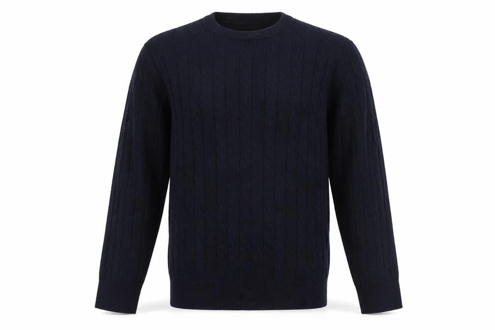 Front view of John Lewis Men’s Blue Cotton Cashmere Cable-Knit Jumper M