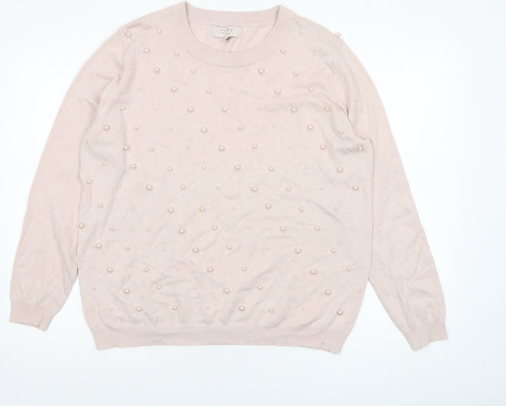 CITY Women Beige Beaded Crew Neck Long Sleeve Jumper XL