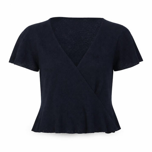 Marks and Spencer Women Blue Linen Blend Wrap Short Sleeve Jumper Size 14