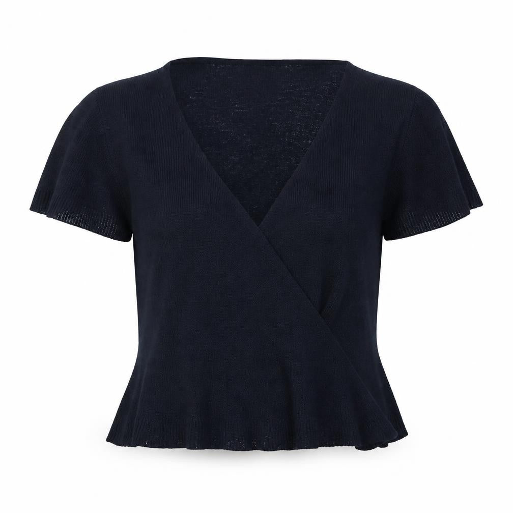 Marks and Spencer Women Blue Linen Blend Wrap Short Sleeve Jumper Size 14