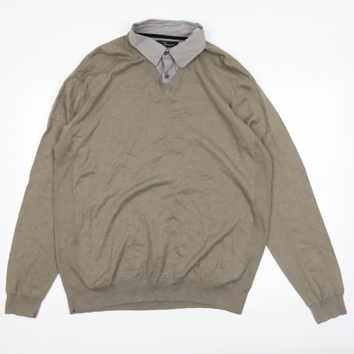 Next Mens Beige XL V-Neck Collared Pullover Cotton Jumper