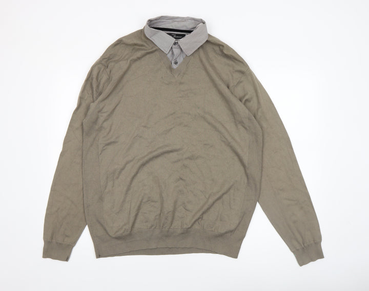 Next Mens Beige XL V-Neck Collared Pullover Cotton Jumper