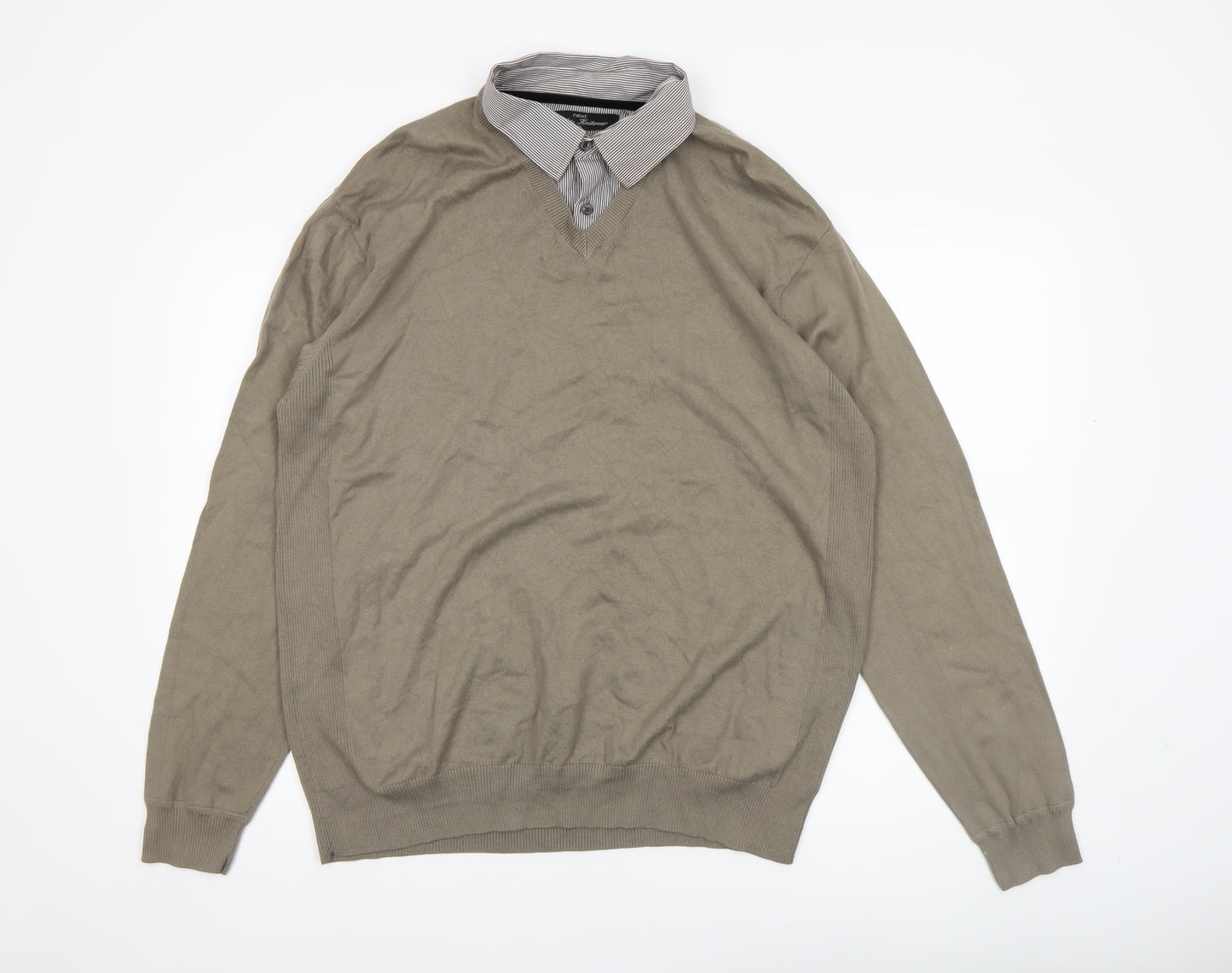 Next Mens Beige XL V-Neck Collared Pullover Cotton Jumper