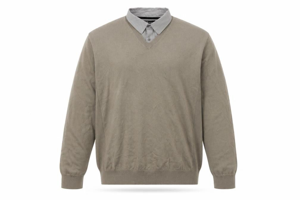 Front view of Next men’s beige xl v-neck collared pullover cotton jumper