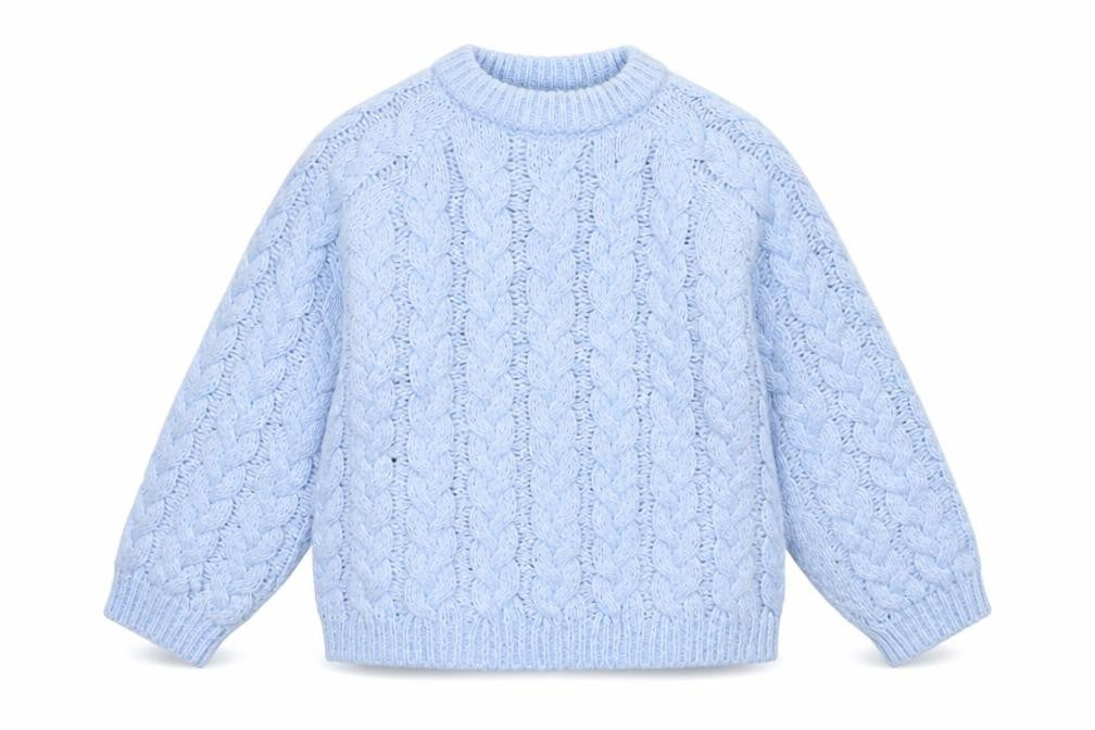 Front view of Zara girls’ blue cable knit long sleeve jumper 9-10 years