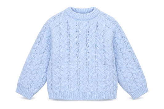 Front view of Zara girls’ blue cable knit long sleeve jumper 9-10 years