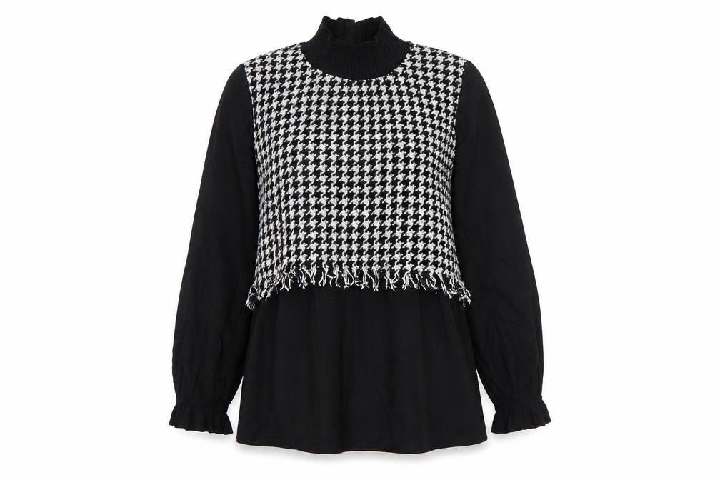 Front view of I Saw It First women’s black houndstooth long sleeve tunic blouse, size UK 10
