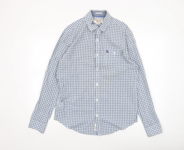 Original Penguin Men's Blue Check Slim Fit Cotton Button-Up Shirt M