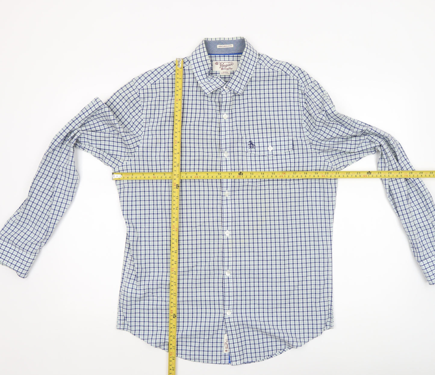 Original Penguin Men's Blue Check Slim Fit Cotton Button-Up Shirt M