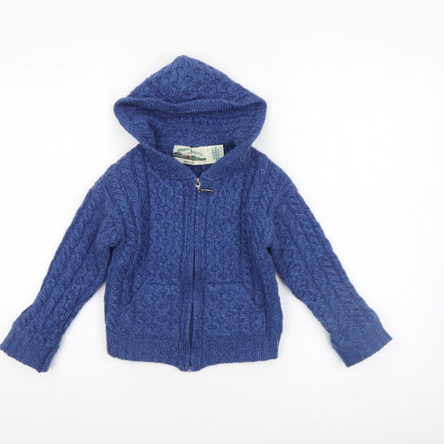 Aran Crafts Boys Blue 4-5 Years Cable-Knit Hooded Full Zip Cardigan 100% Merino Wool
