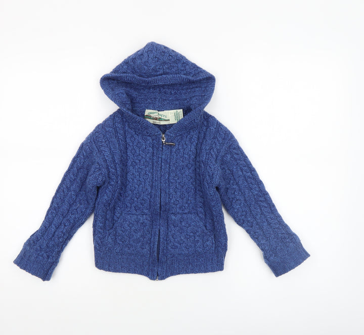 Aran Crafts Boys Blue 4-5 Years Cable-Knit Hooded Full Zip Cardigan 100% Merino Wool
