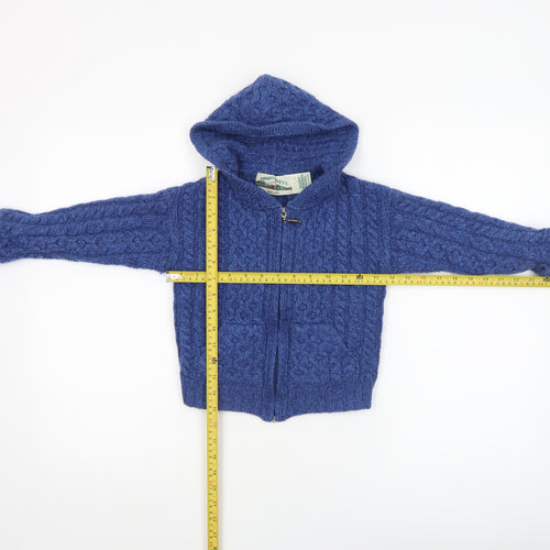 Aran Crafts Boys Blue 4-5 Years Cable-Knit Hooded Full Zip Cardigan 100% Merino Wool