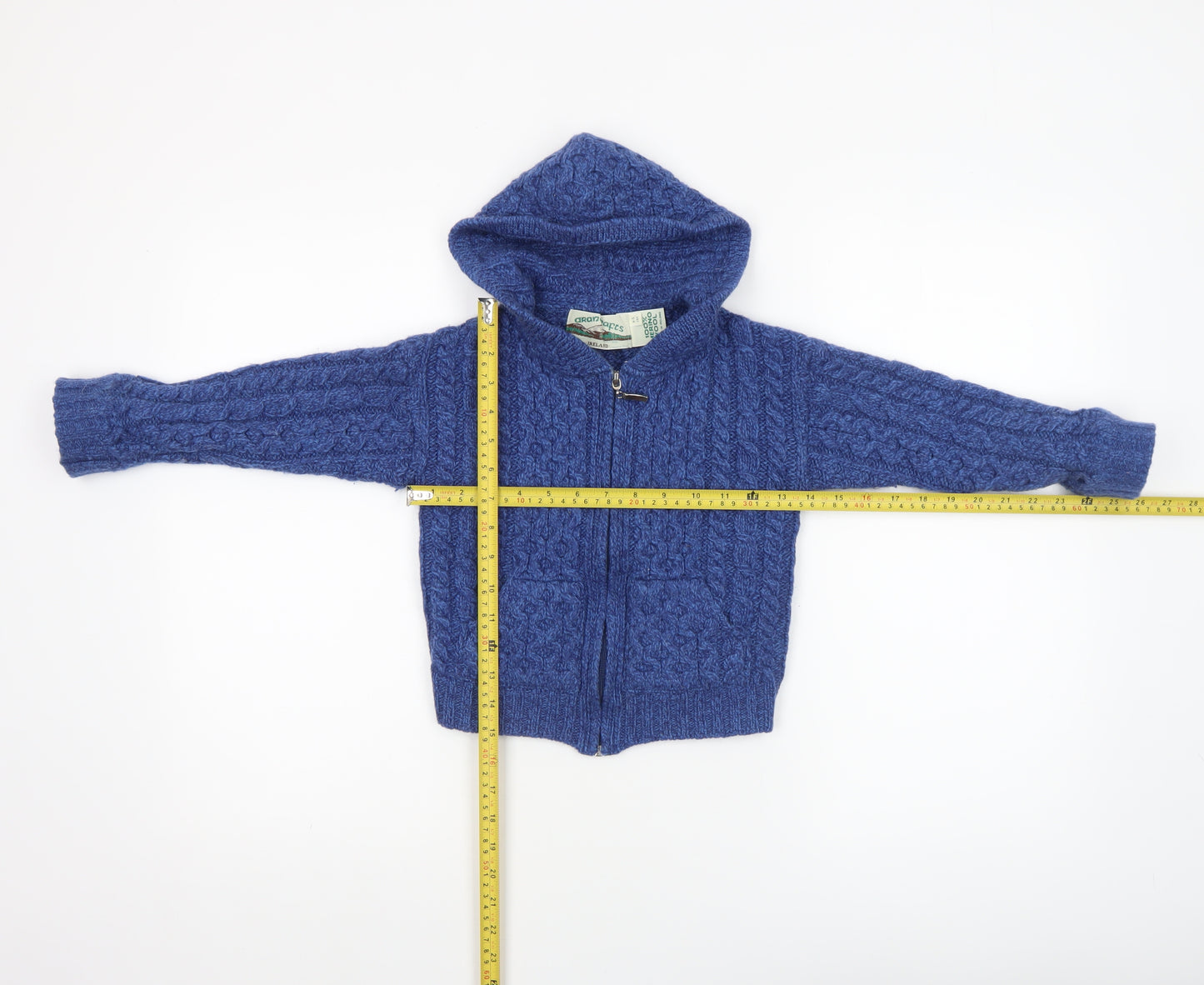 Aran Crafts Boys Blue 4-5 Years Cable-Knit Hooded Full Zip Cardigan 100% Merino Wool