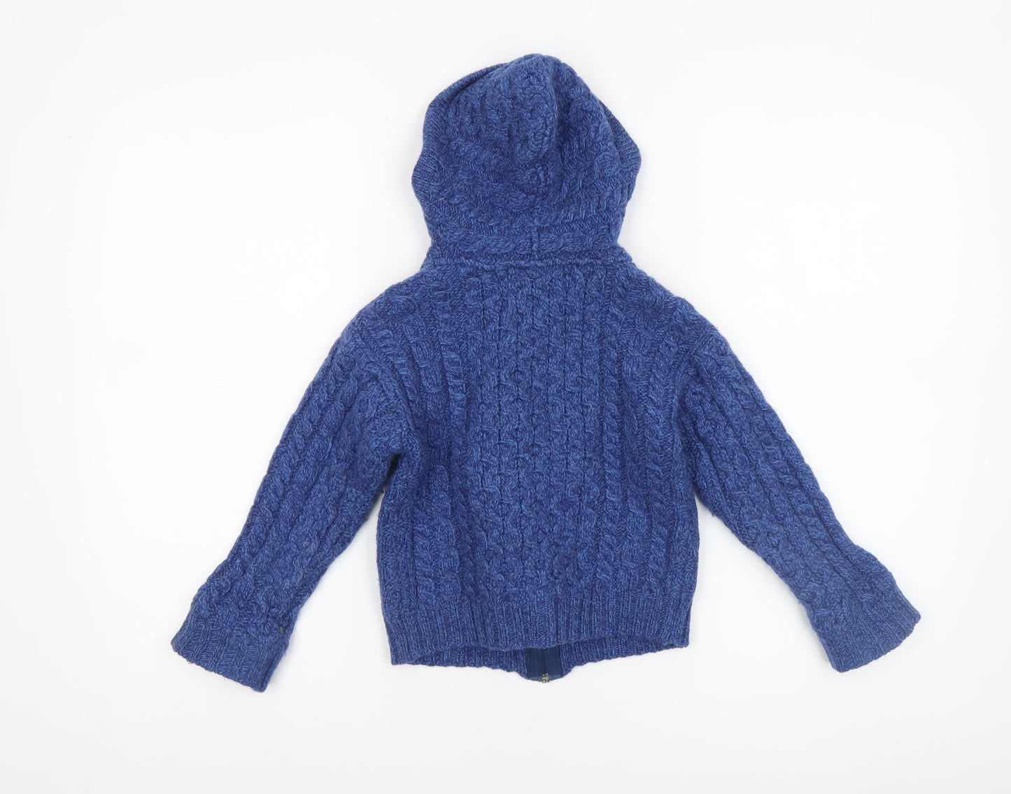 Aran Crafts Boys Blue 4-5 Years Cable-Knit Hooded Full Zip Cardigan 100% Merino Wool