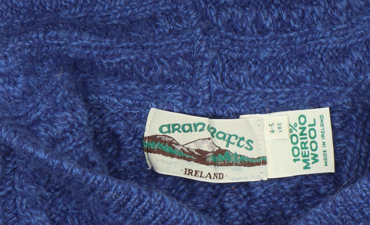 Aran Crafts Boys Blue 4-5 Years Cable-Knit Hooded Full Zip Cardigan 100% Merino Wool