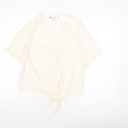 New Look Women Ivory Tie Front Blouse Size 10 Short Sleeve V-Neck