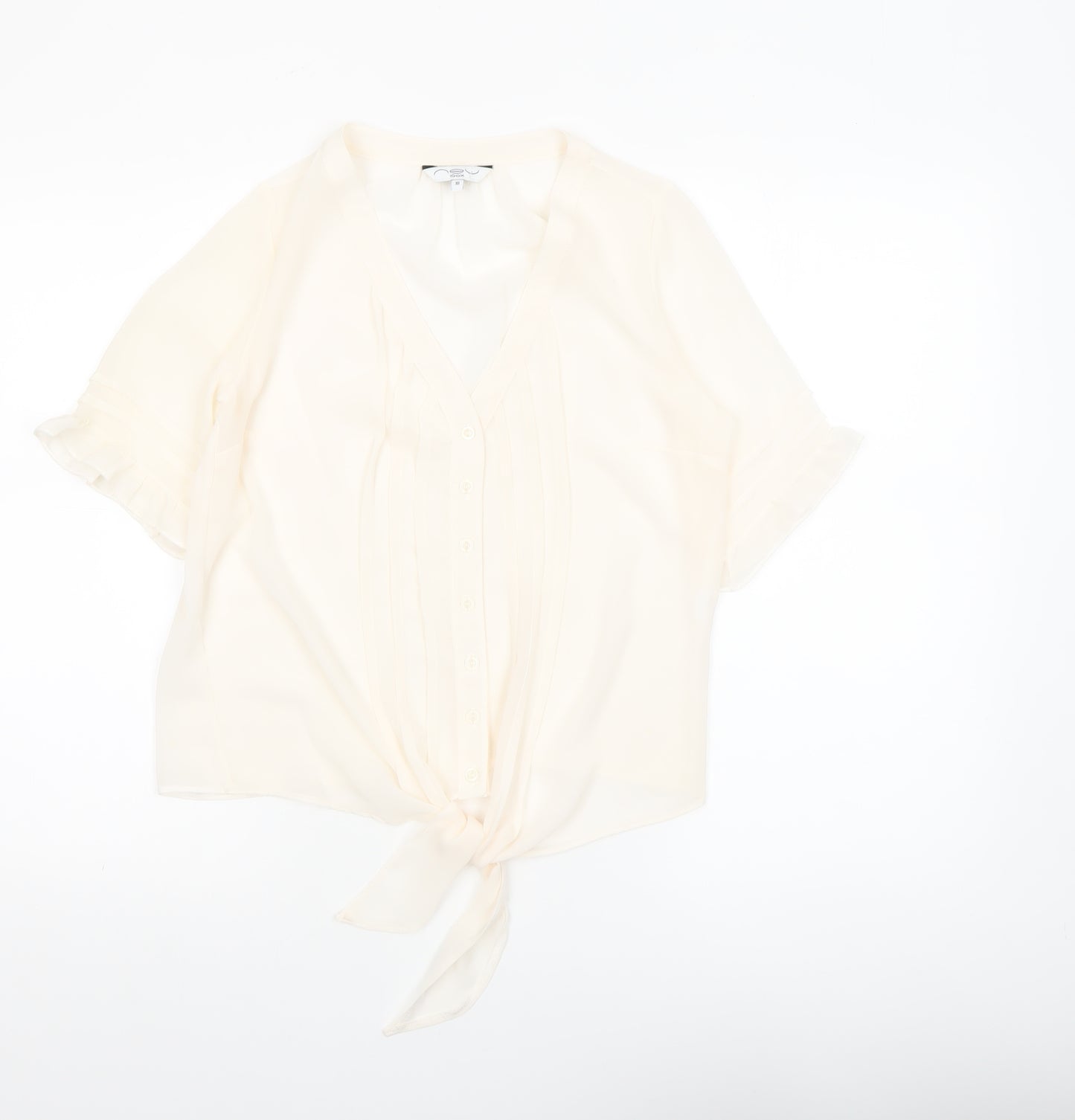 New Look Women Ivory Tie Front Blouse Size 10 Short Sleeve V-Neck