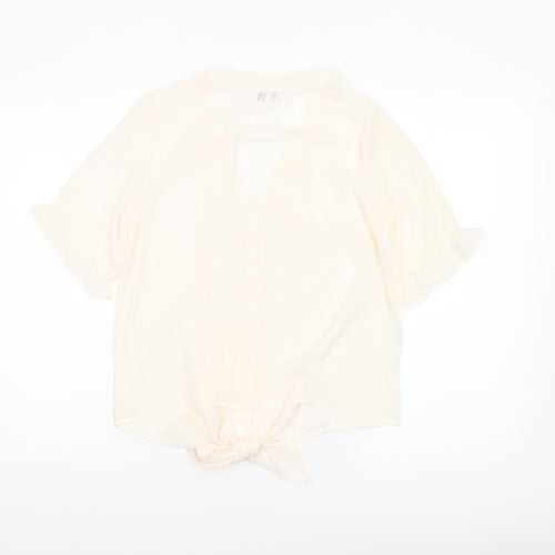 New Look Women Ivory Tie Front Blouse Size 10 Short Sleeve V-Neck