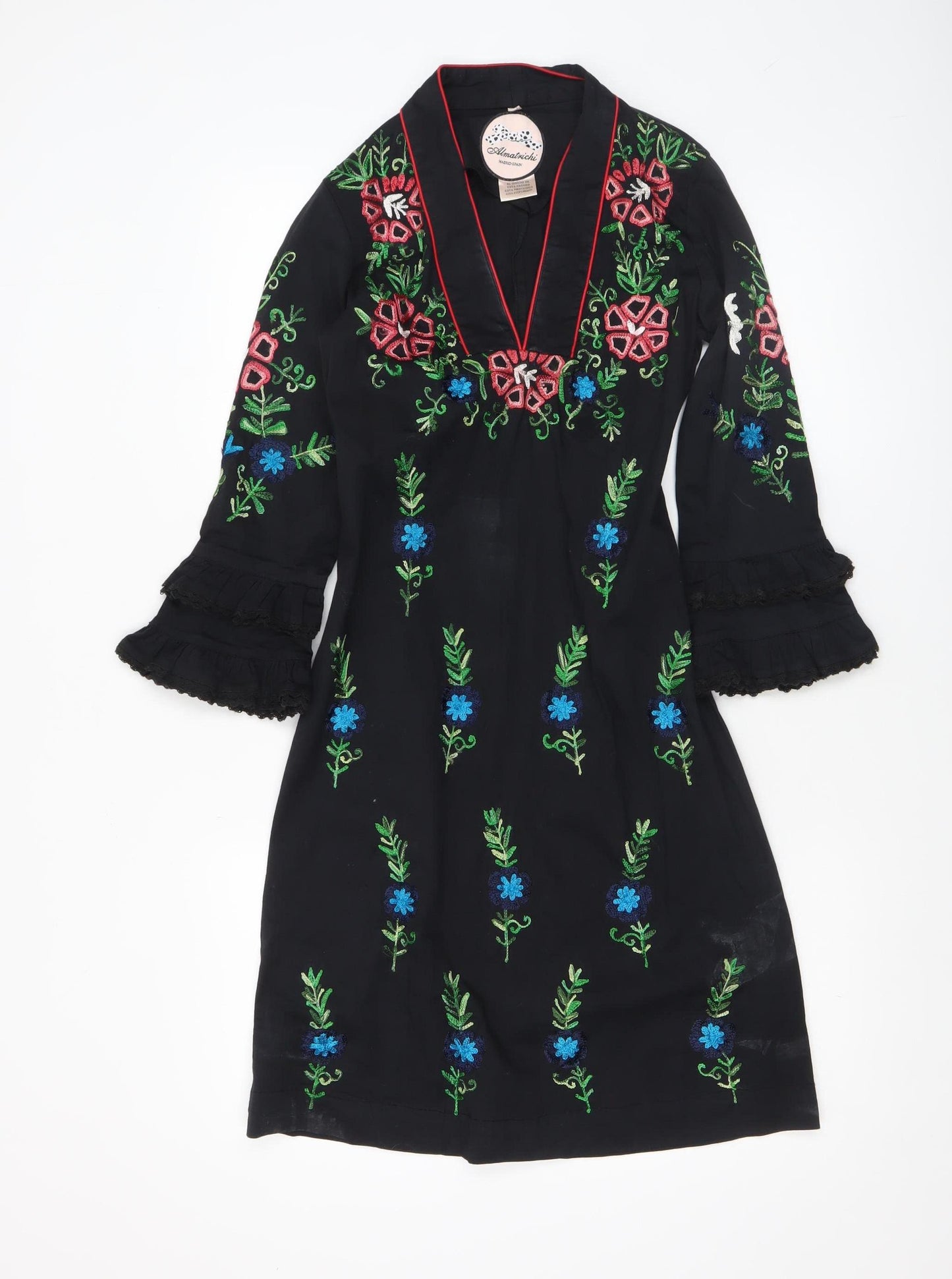 Almatrichi Women’s Black Floral Embroidered Shift Dress Size 8