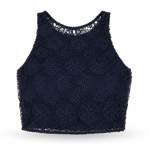 Hollister Women's Navy Blue Lace Cropped Tank Top S