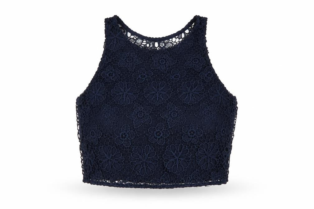Hollister Women's Navy Blue Lace Cropped Tank Top S