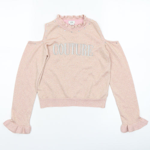 River Island Girls Pink 'Couture' Cold Shoulder Ruffle Knit Top 7-8 Years