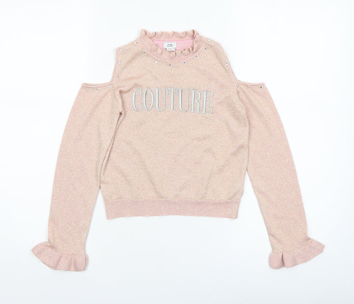River Island Girls Pink 'Couture' Cold Shoulder Ruffle Knit Top 7-8 Years