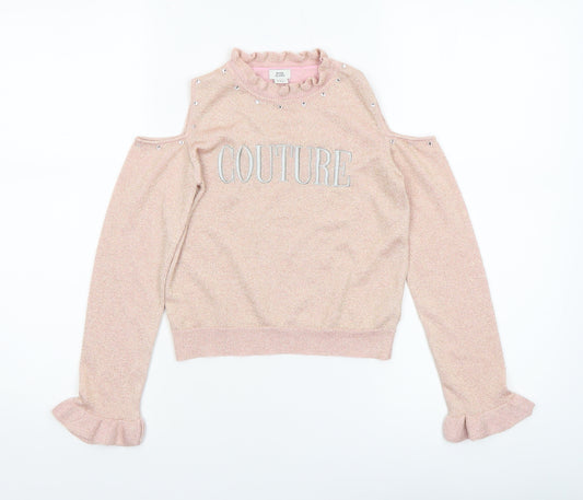 River Island Girls Pink 'Couture' Cold Shoulder Ruffle Knit Top 7-8 Years