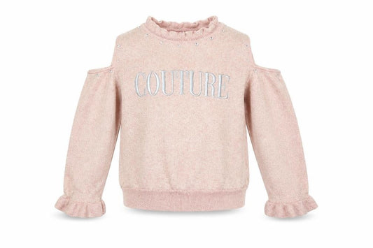 River Island Girls Pink 'Couture' Cold Shoulder Ruffle Knit Top 7-8 Years