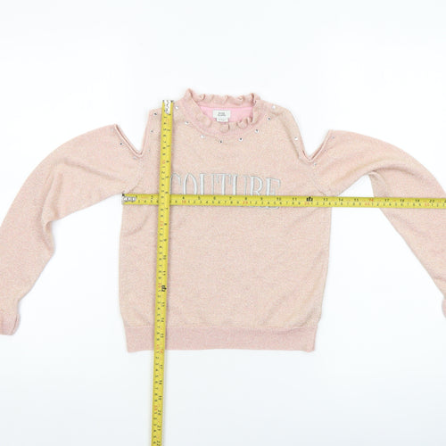 River Island Girls Pink 'Couture' Cold Shoulder Ruffle Knit Top 7-8 Years