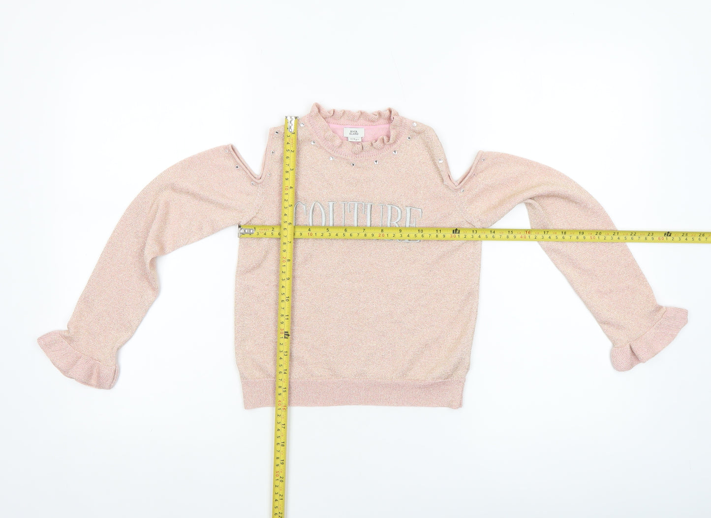 River Island Girls Pink 'Couture' Cold Shoulder Ruffle Knit Top 7-8 Years