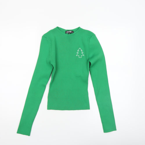 Missguided Women's Green Ribbed Christmas Long Sleeve Slim Fit Top S