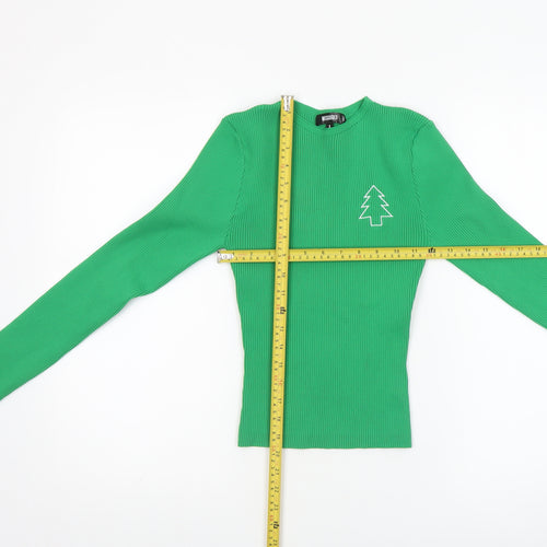 Missguided Women's Green Ribbed Christmas Long Sleeve Slim Fit Top S